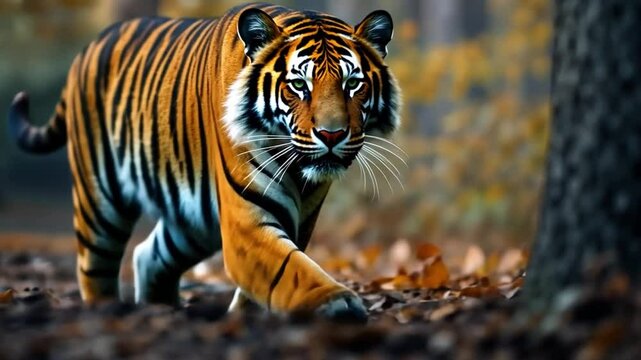 Animal poses in the wild, with a tiger crouching and preparing to pounce.