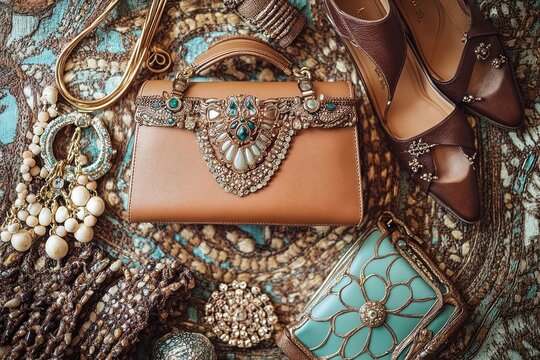 Brown leather purse with jeweled embellishment and matching shoes on patterned fabric background.