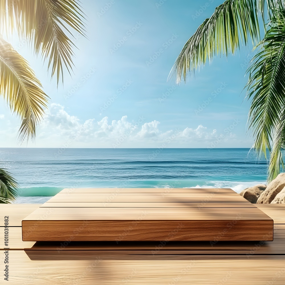 Poster wooden tabletop against the sea background for product presentation. empty countertop on the beach w