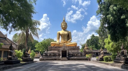 Fototapeta premium Nong Khai historic Wat Si Sumang temple, with its stunning golden Buddha statues and peaceful atmosphere.