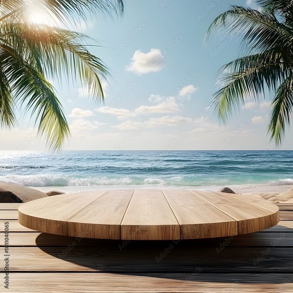 Poster wooden tabletop against the sea background for product presentation. empty countertop on the beach w