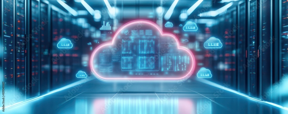 Poster futuristic data center with glowing cloud symbol, representing modern cloud computing and storage te