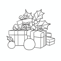 christmas gift boxes with balls and leaves for coloring book
