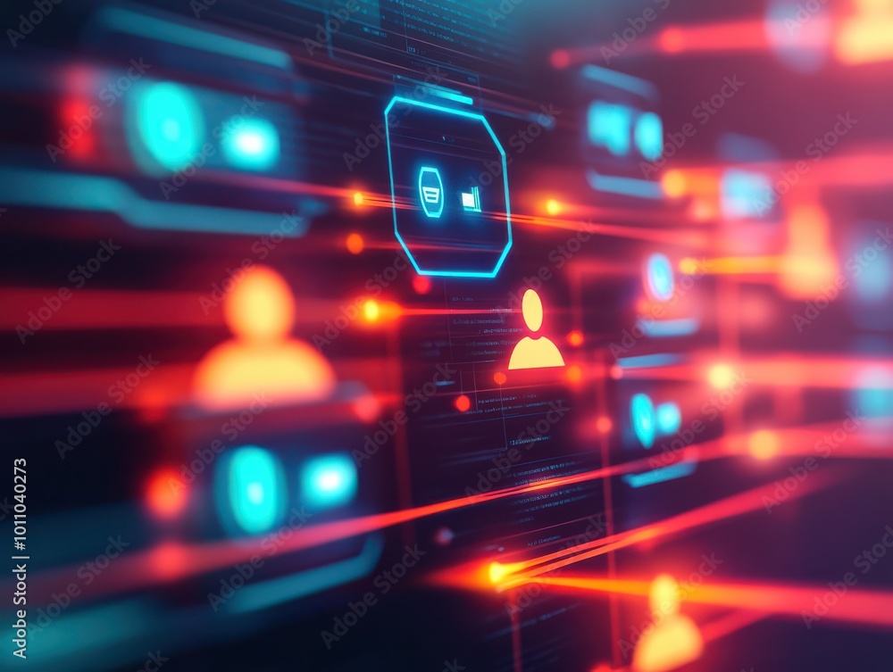 Poster futuristic digital interface showing communication icons and glowing connections, ideal for technolo