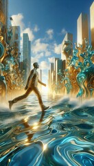 Obraz premium Abstract urban landscape painting, blue sky with orange sunset, reflecting in water, city skyline with tall buildings, green trees and park