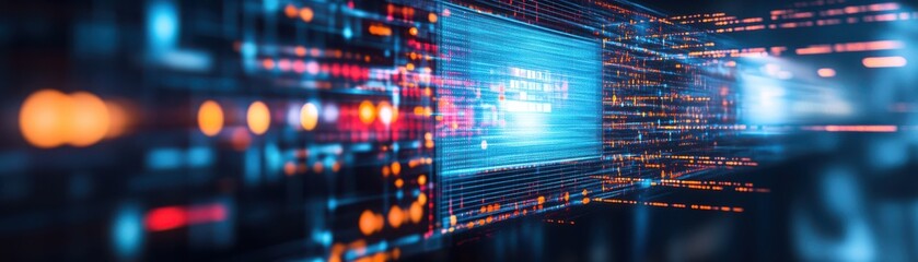 Obraz premium Futuristic digital interface showcasing data streams and lights, representing technology and innovation in a virtual environment.