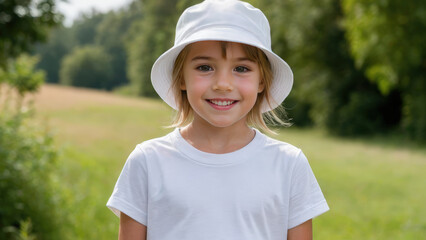 Little girl with short hair wearing white t-shirt and white bucket hat standing in nature