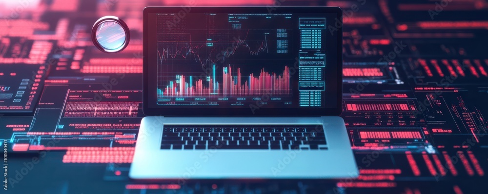 Poster futuristic laptop displaying financial graphs amidst digital data, symbolizing technology and data a
