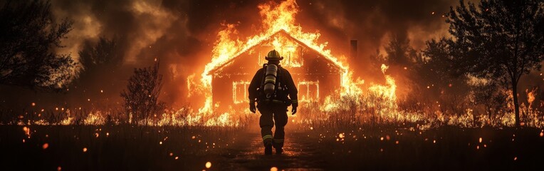 Heroic Firefighter Approaching House Engulfed in Flames, Ready to Fight the Fire