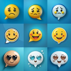 Obraz premium Nine speech bubbles with different emoticons, yellow, white, and nude, on blue background.