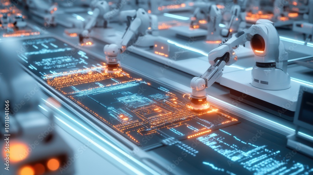 Poster futuristic robotic arms working on a high-tech assembly line, showcasing advanced automation and int
