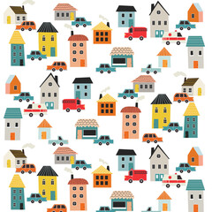Seamless pattern with cute houses and cars. Vector illustration
