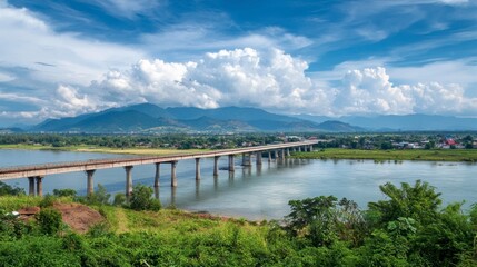 Fototapeta premium Nong Khai stunning view of the First ThaiLao Friendship Bridge, connecting Thailand and Laos.