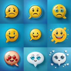Obraz premium Nine speech bubbles with different emoticons, each on a blue background.