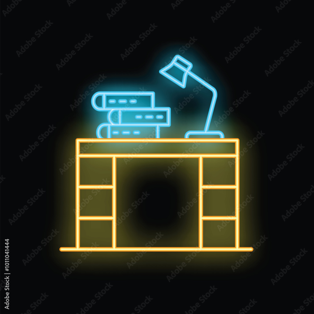 Aufkleber neon sign depicting a desk with books and a lamp, illuminating the workspace and creating a cozy atm
