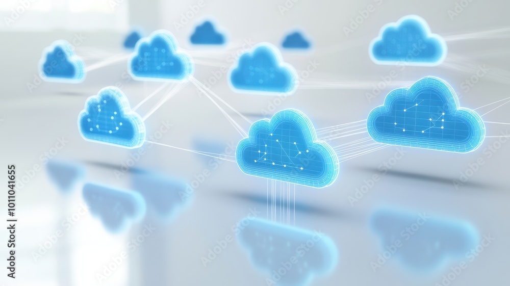 Poster illustration of digital cloud storage technology with interconnected clouds representing data sharin