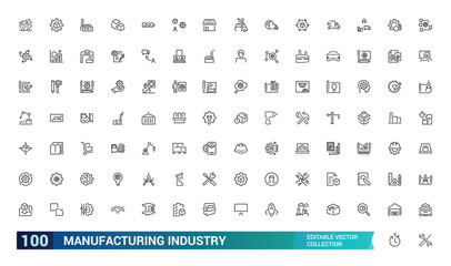 Industrial Manufacturing icon set for design elements. Engineering, Production activities. Editable stroke. Vector illustration.