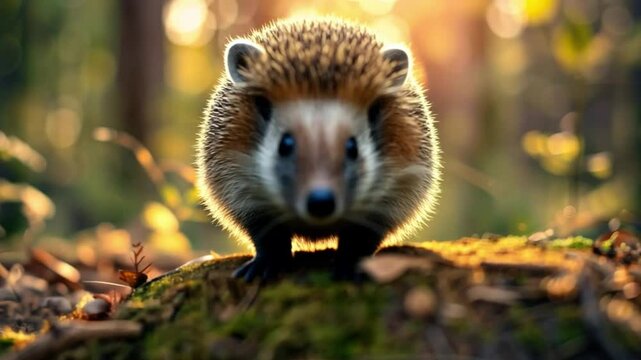 Adorable animals like a hedgehog curled up in a ball on a forest floor
