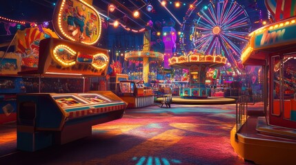 A retro carnival scene with colorful rides and games, illuminated by bright lights and filled with joyful energy.