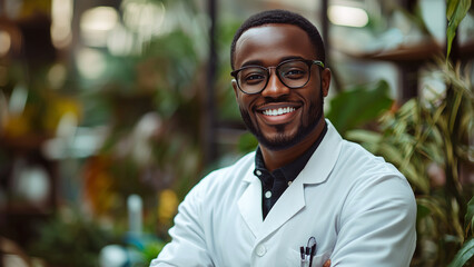 African American Black Man Biologist - scientist, lab coat, glasses, plants, greenery, greenhouse, indoor, smile, professional, male, botanist, biologist, researcher, environment