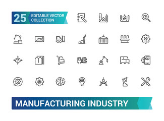 Industrial Manufacturing icon set for design elements. Engineering, Production activities. Editable stroke. Vector illustration.