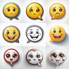 Nine different emoticons in speech bubble shapes, with various expressions including sad, happy, and blushing.