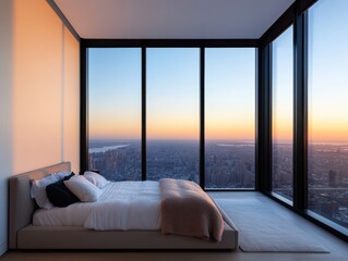 Fototapeta premium Modern bedroom with panoramic windows showcasing a stunning sunset view over the city skyline, featuring stylish decor and serenity.