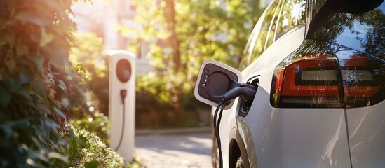Generic electric car is being charged from a wallbox 
