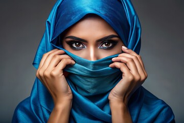Fototapeta premium An ethnic female model in a stylish blue dress elegantly covers her face against a muted gray backdrop,