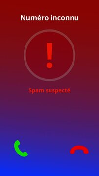 Vertical animation in French showcasing an incoming call on a mobile phone from a suspected scammer or spammer. The unknown number flashes on the screen as the phone rings