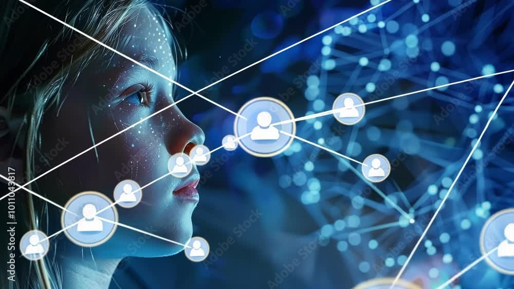 Poster young person with glowing dots on their face gazes at a neural network, blending curiosity and techn