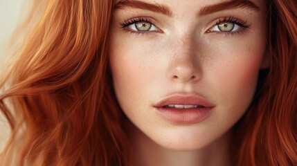 Obraz premium Portrait of a beautiful red-haired woman with striking green eyes and long, smooth hair in a soft gradient background
