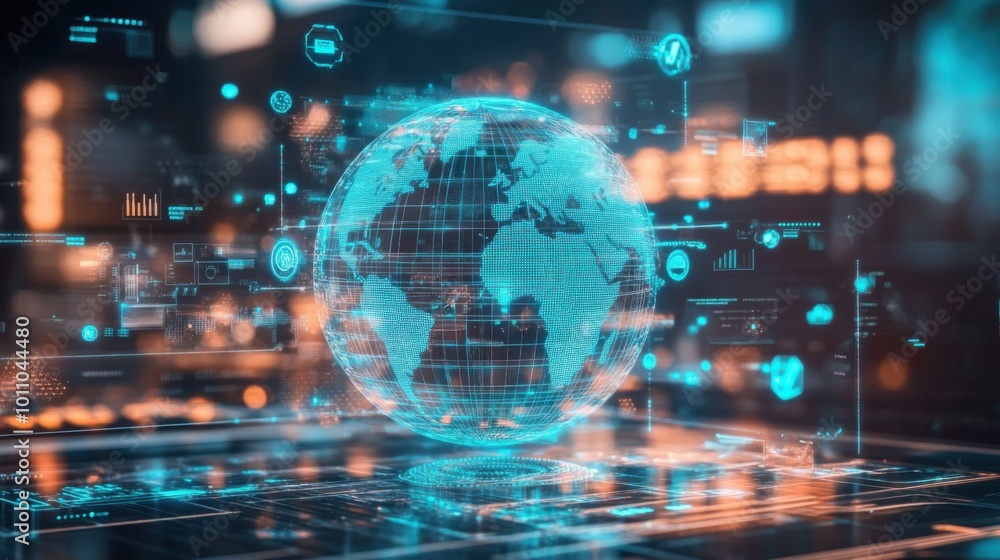 Poster ai holographic interface with a rotating digital globe at its center