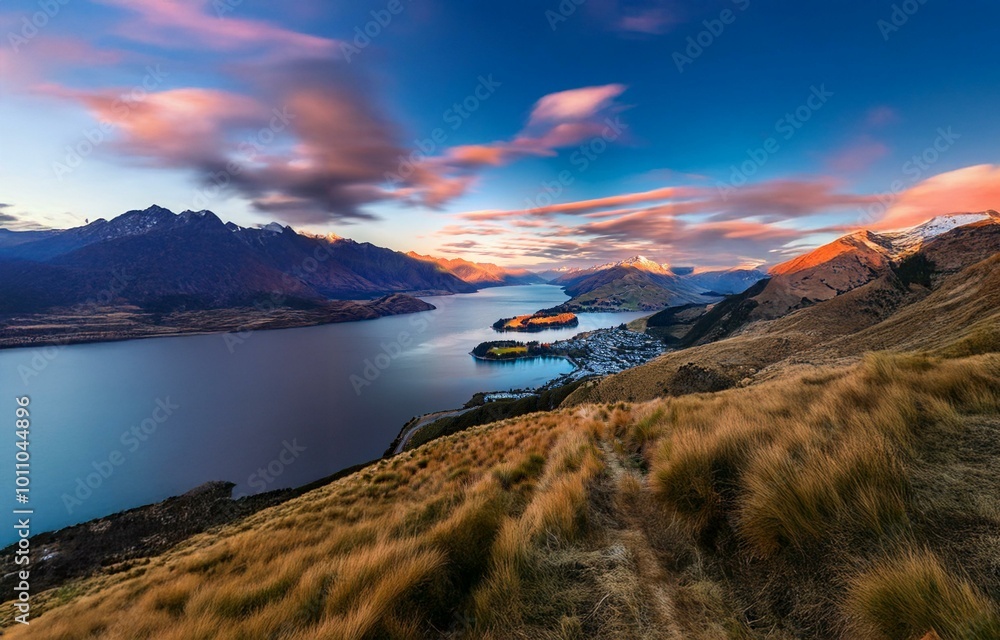 Poster A view from a mountaintop overlooking a large body of water with surrounding mountains and a town below. The sky is blue with pink clouds.