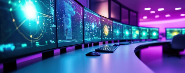 Obraz premium Modern workspace with multiple screens displaying data analytics in a vibrant purple ambiance.