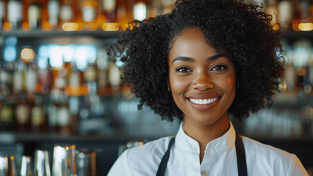 African American Black Woman Bartender - bartender, bar, restaurant, smile, woman, drink, hospitality, service, professional, apron, curly hair, staff, happy, business, counter, casual