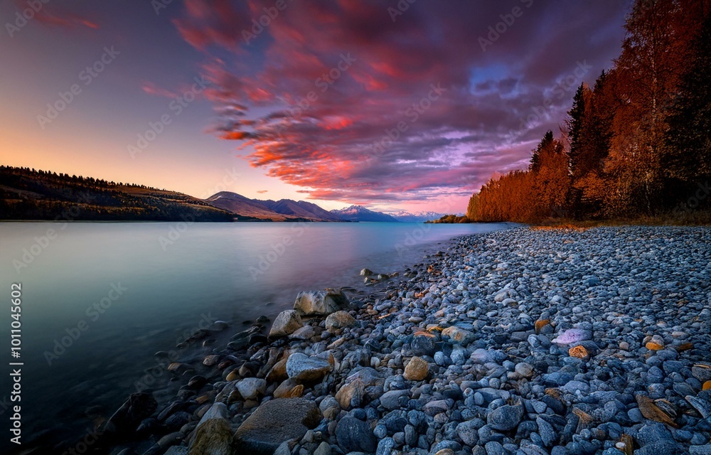 Aufkleber A scenic view of a lake with mountains in the background and a rocky shore in the foreground. The sky is a vibrant mix of pink and blue hues, and the water is calm and still.