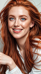 Fototapeta premium A Mesmerizing Gaze: Woman with red Bangs Holds Viewers Captive 