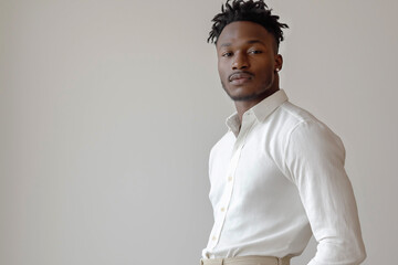 Obraz premium African-American male fashion model posing confidently in the studio against a light background. Advertising banner.