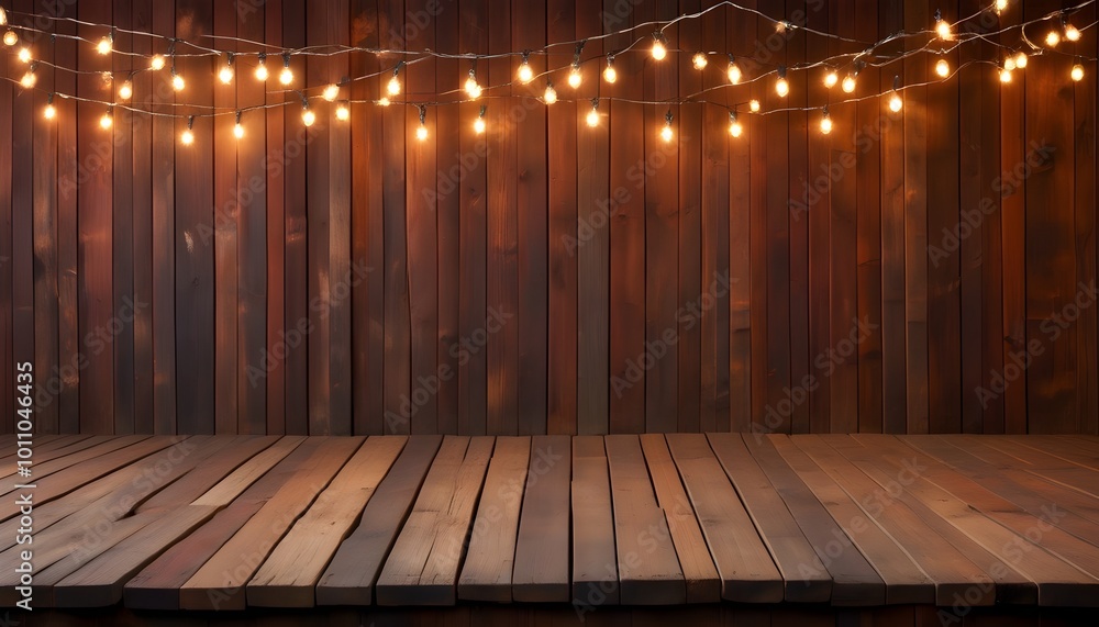 Sticker Charming Rustic Wooden Background Adorned with Twinkling String Lights and Stylish Tabletop Decor