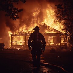 Heroic Firefighter Approaching House Engulfed in Flames, Ready to Fight the Fire