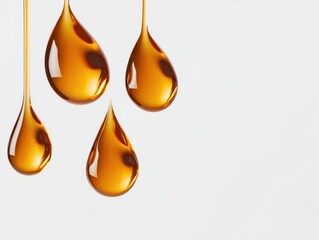 Golden oil droplets dripping against a clean white background.