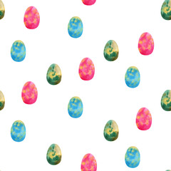 Seamless pattern with pink, blue and green dragon eggs. Watercolor illustration on white background. For wrapping paper, textile, wallpaper, design