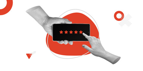Feedback and digital interaction. Hands holding smartphone displaying 5-star rating system. One...