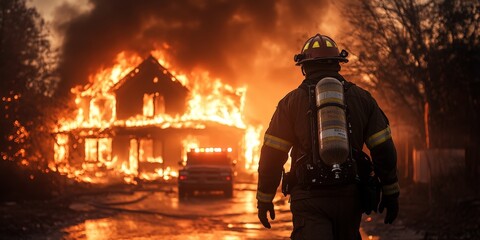 Heroic Firefighter Approaching House Engulfed in Flames, Ready to Fight the Fire
