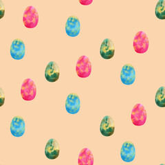 Seamless pattern with pink, blue and green dragon eggs. Watercolor illustration on pink background. For wrapping paper, textile, wallpaper, design