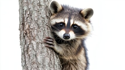 A Curious Raccoon Climbing a Tree in a Forest isolated on white background