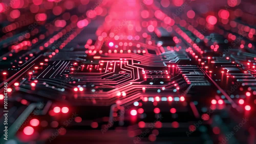 Poster futuristic digital circuit board with glowing red lights on electronic surface for business and tech