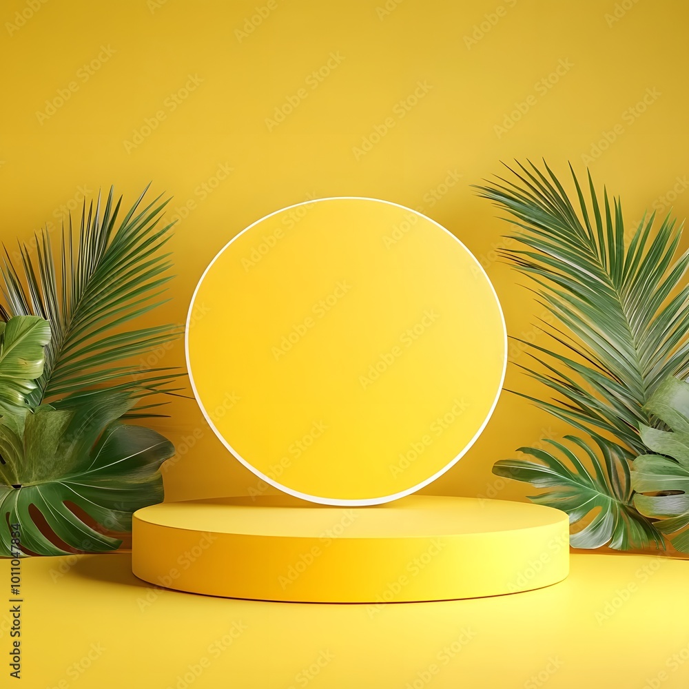 Poster blank yellow display on vivid summer background with minimal style blank stand for showing product 3