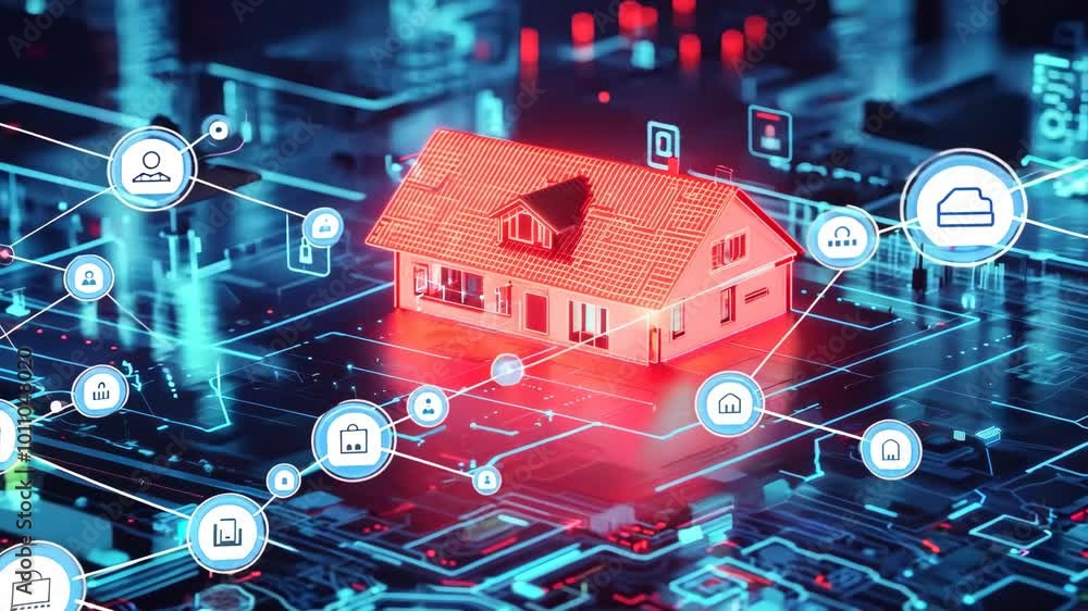 Poster A house is shown in a futuristic setting with a blue and red color scheme